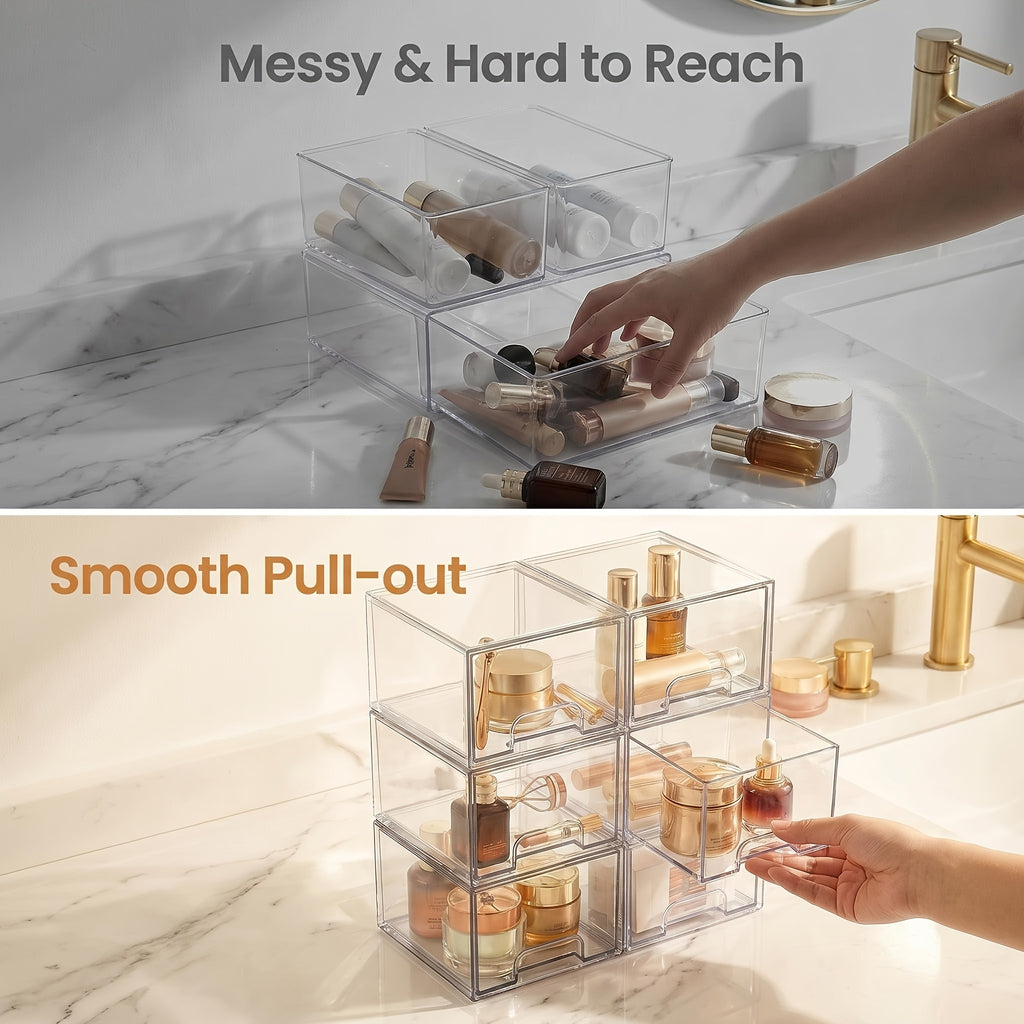 8 Pack Acrylic Bathroom Makeup Organizer, 7.5"D X 6"W X 4.4"H Clear Stackable Storage Drawers, Plastic Storage Bins for Vanity, Home Organization And Storage