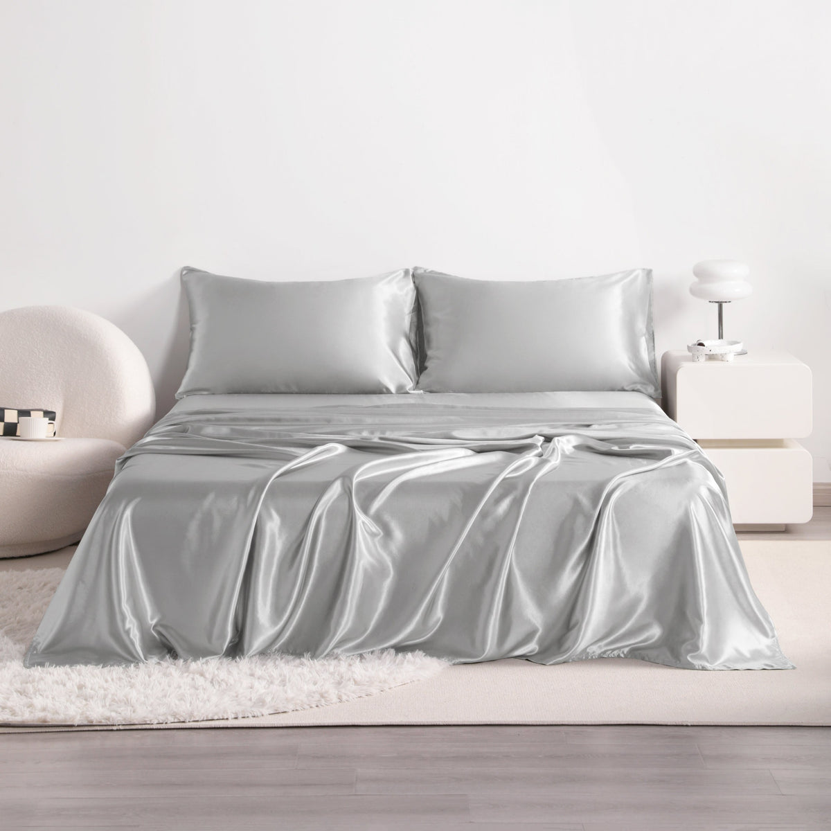 4pcs Cooling Satin Bed Sheet Set, Shrink-Resistant, Fade-Resistant, Hypoallergenic, Breathable,Flat Sheet & Fitted Sheet & Pillowcase Set with Deep Pocket, 300 Gsm