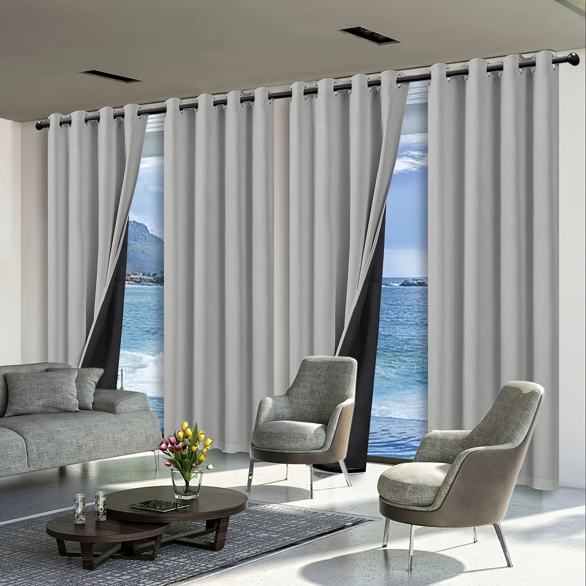 Set of 4 Complete Blackout Curtains for The Bedroom Featuring a Black-Coated Film for Total Light Blockage And Thermal Insulation with Ring Top Design