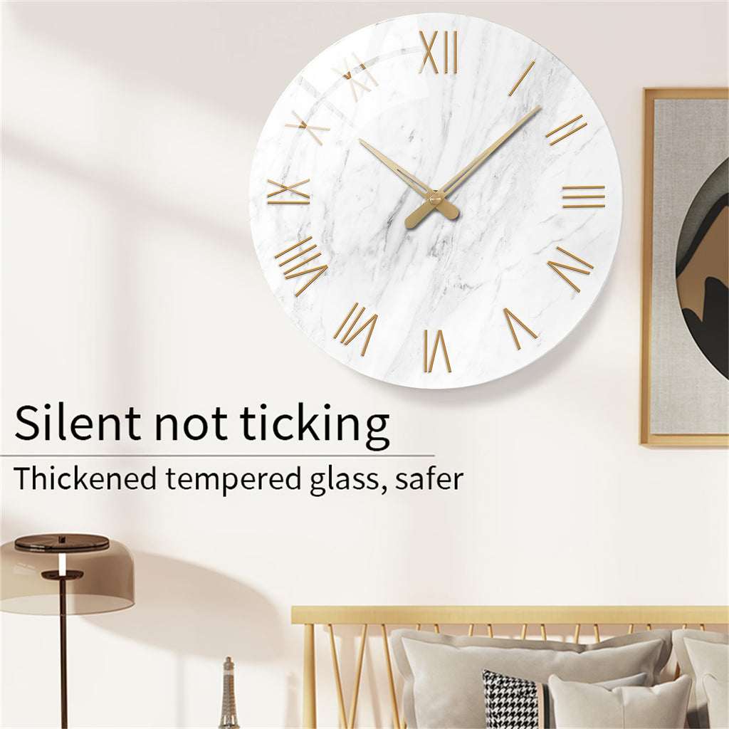 Modern White Tempered Glass Large Wall Clock - 4mm Thickened, 12-24 Inch Marble Texture Silent Clock, Large Size, Battery Powered, Handcrafted, Suitable For Living Room, Aesthetic Room, Bedroom, Office Decorative Clock, Ideal Gift