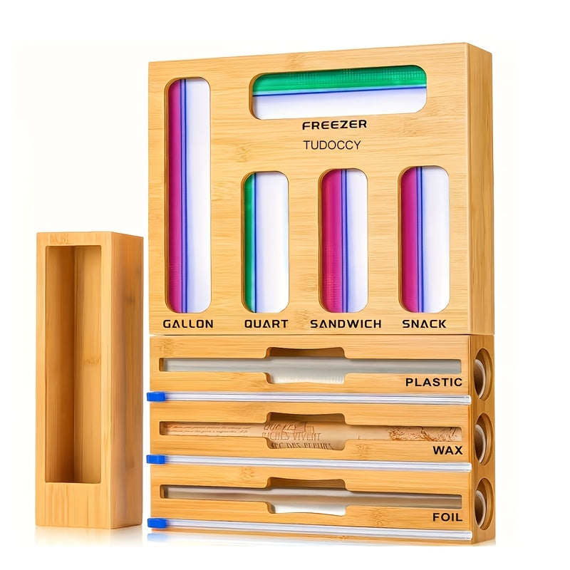 1pc 9 IN 1 Storage Bag Organizer for Kitchen Drawer, Bamboo Foil And Plastic Wrap with Cutter, Organizers Compatible Gallon, Quart, Sandwich Snack Size