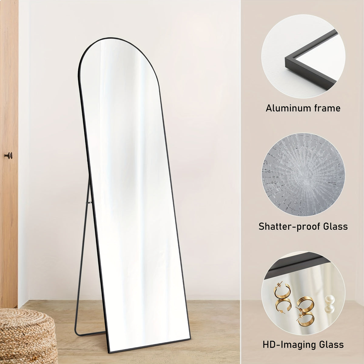 Arched Full Length Mirror, Full Body Free Standing Leaning Mirror Hanging Mounted Mirror Modern Simple Tall Home Decor for Living Room Bedroom Cloakroom