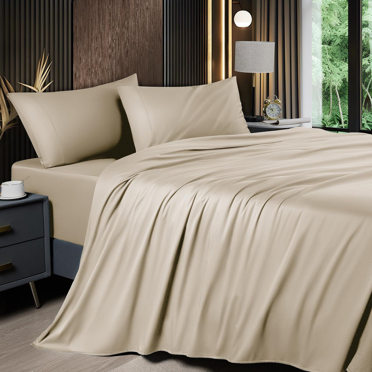 4pcs 2200TC Cooling Bamboo Bed Sheet Set Summer Chill Collection-16" Deep Pocket - Ultra Soft Luxury Bedding W/ Flat Sheet, Fitted Sheet & Pillowcases (Beat The Hea Stay Cool All Night) Queen Size Sheet Set Breathable Sheets Sets Queen Size Gifts