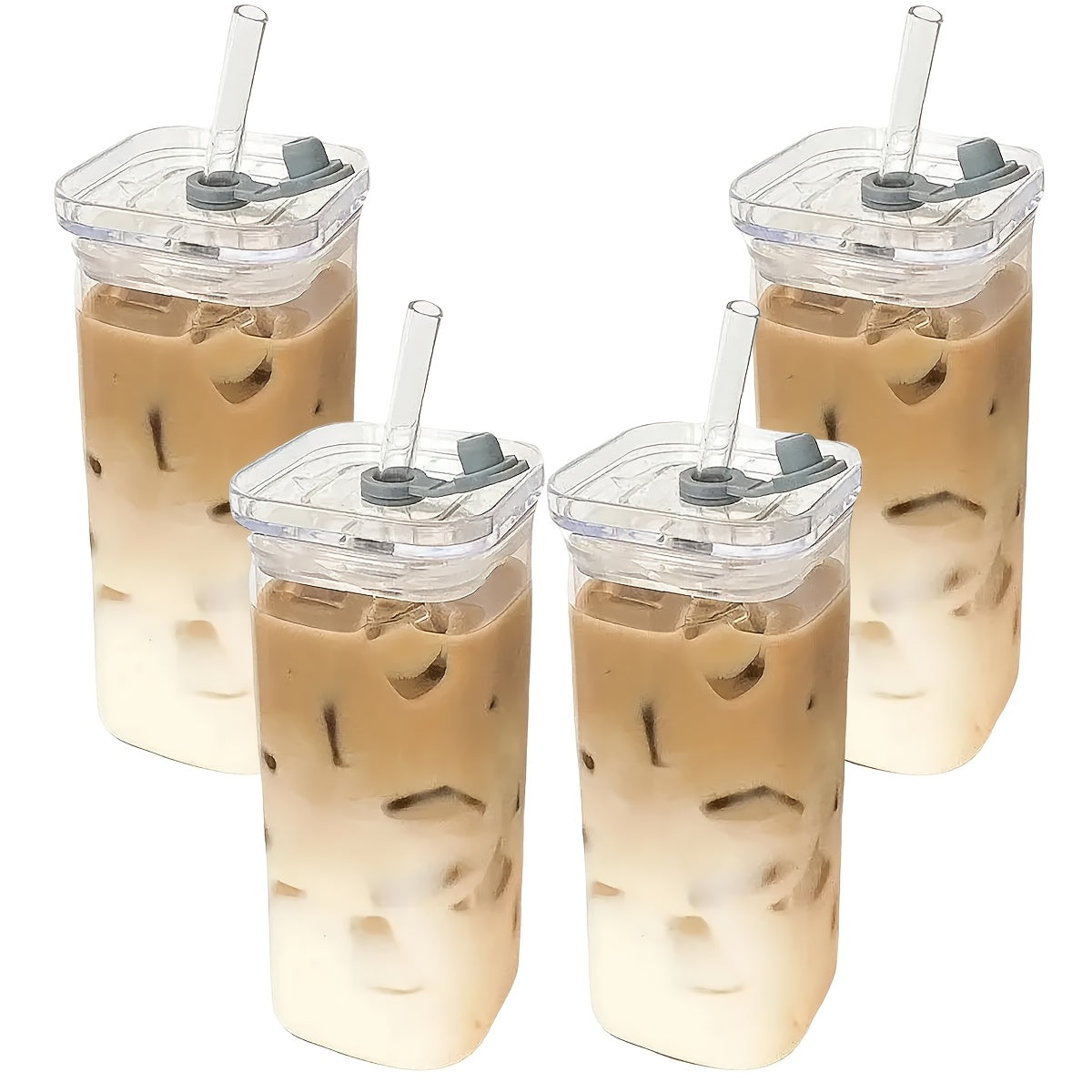 4/6/8pcs Square Glass Cups with Lids, 13oz, Perfect Coffee Cups, Include Straws, Gift for Cup Collectors, Great for Office, Home, School, And Outdoor Use, Weddings, BPA-Free, Comes with Cleaning Brush Tool