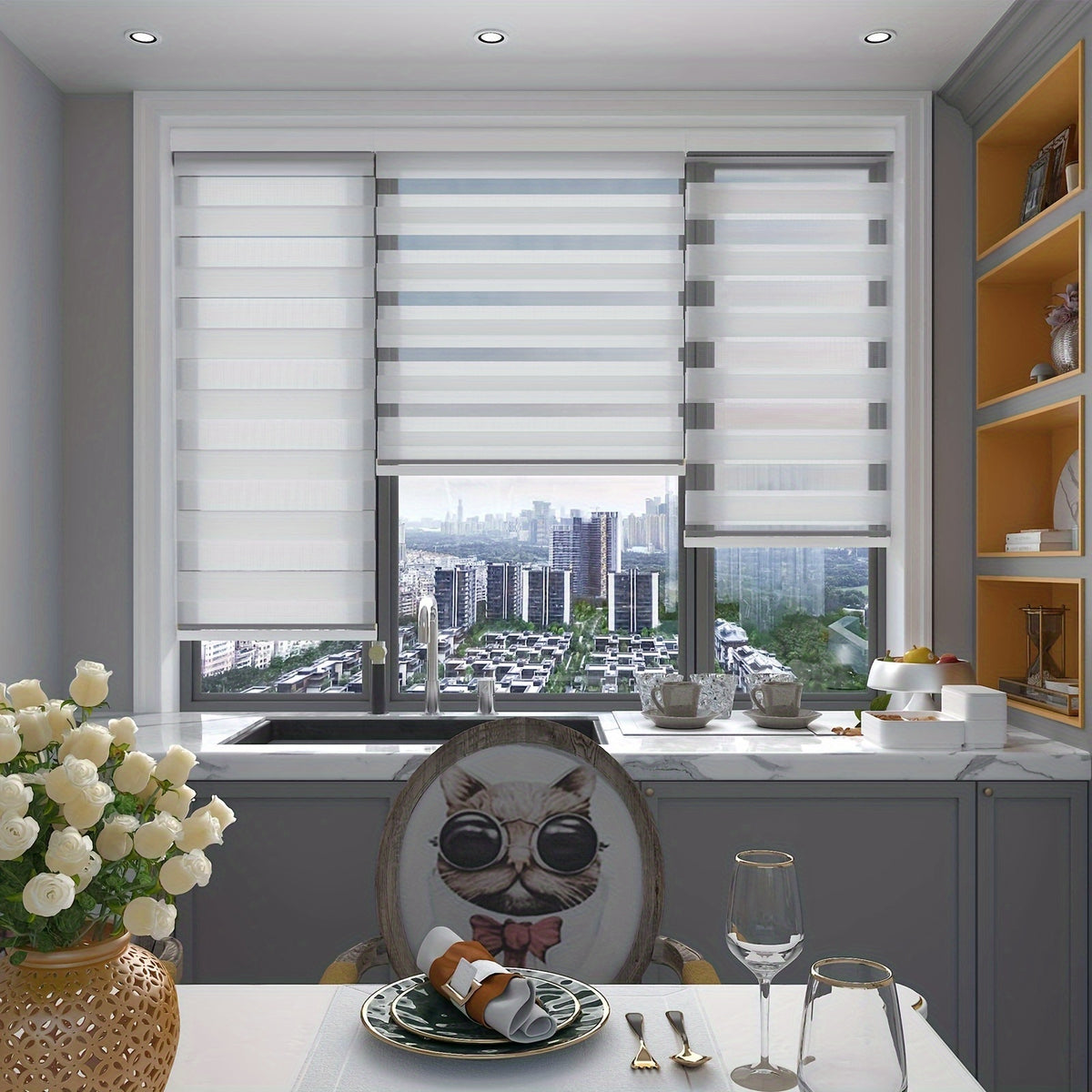 Cordless Zebra Roller Shade with Valance, Double Layered Window Blind for Day And Night, Light Filtering Window Treatment with Mesh And Opaque Fabric