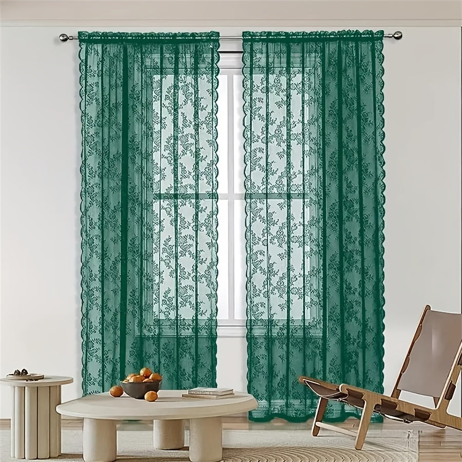 1pc White Lace Door Curtain with Wave Edge, Semi-Sheer Polyester Rod Pocket Curtain for Home And Outdoor Use, Vintage Style with Floral Pattern, Semi-Sheer Curtains | Vintage Curtain Design | Embroidered Detailing