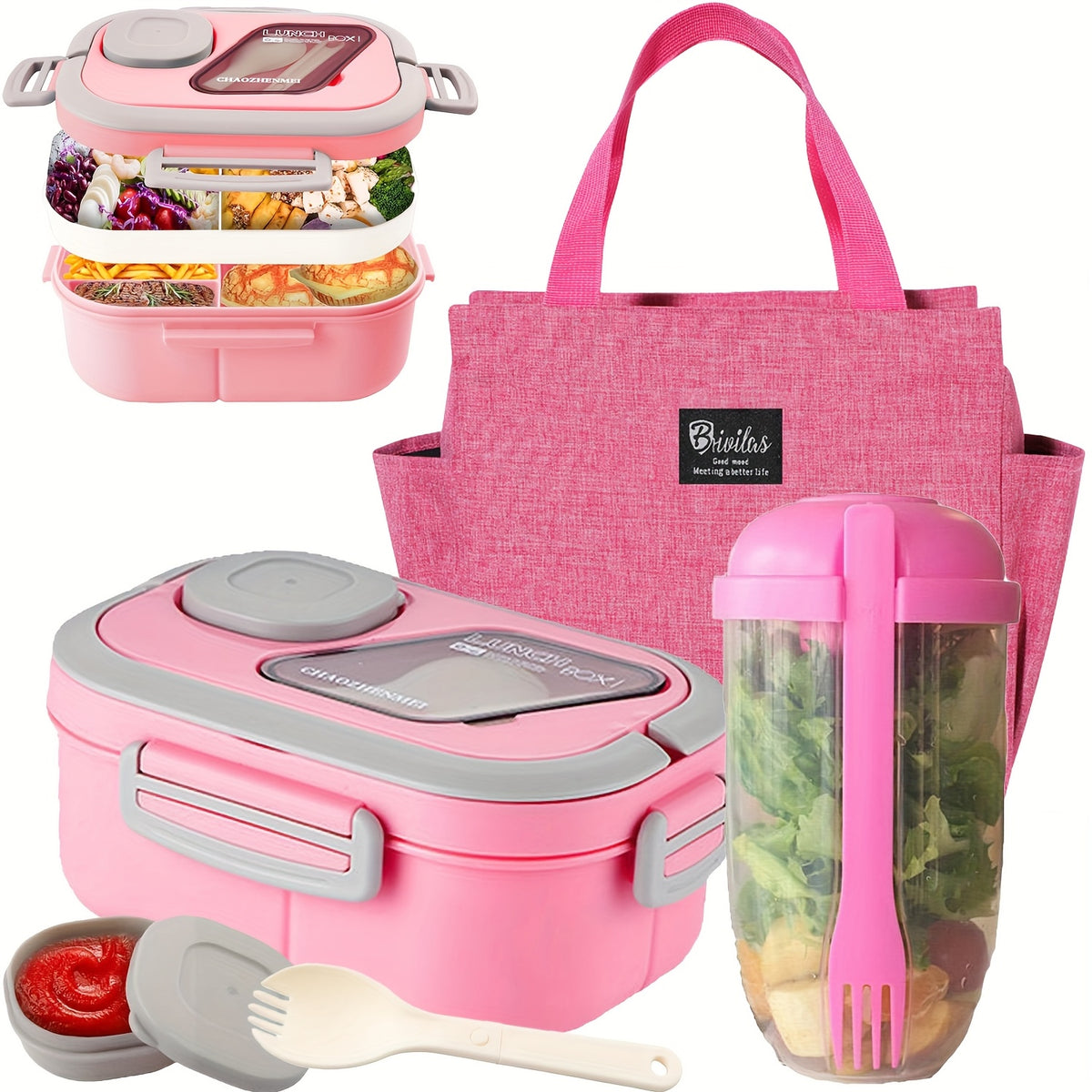 Two Tier Bento Lunch Box, Divided Meal Container in Pink, Blue, Green or White with Optional Cup and Lunch Bag Sets for School, Office and Picnics