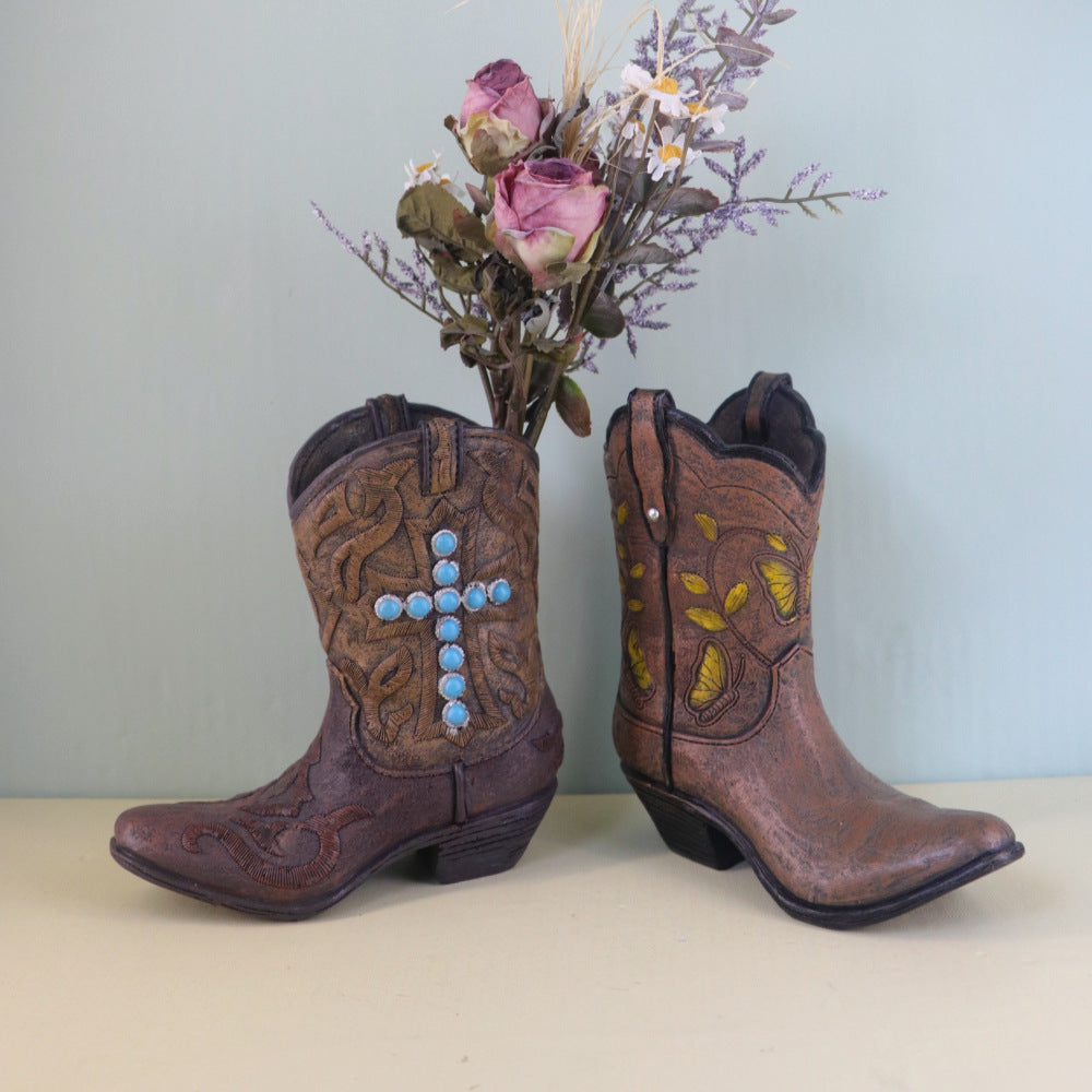 Creative Resin Vase Ornaments Western Cowboy Boots Hydroponic Flower Arrangement Container Living Room Light Luxury Home Decoration