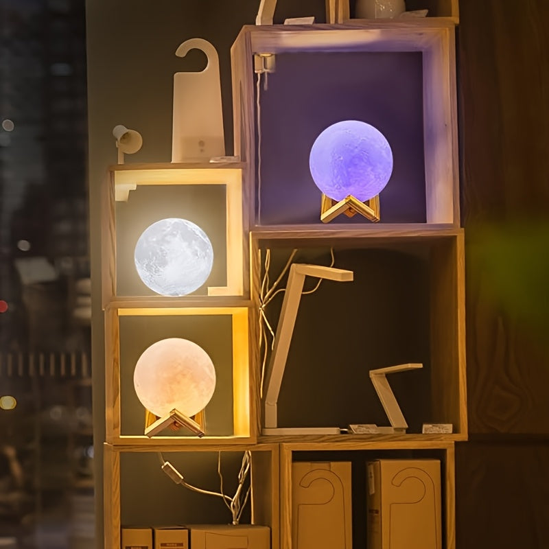 16-Color RGBW LED Moon Lamp with Remote Control & Wooden Stand - 3D Printed Night Light, USB-Powered Bedside Lighting, 6.1-Inch Realistic Moon Design for Bedroom, Room Decor, Birthday Gifts for Women, Moms, Friends (Plastic Construction