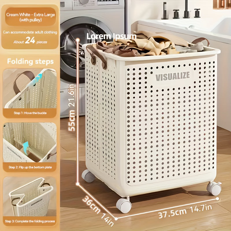 Large Foldable Wheeled Laundry Basket, Plastic Material, Solid Color, Wheeled Laundry Hamper for Small Apartment, Versatile Folding Portable Laundry Basket for Bathroom And Balcony Storage, Laundry Bag, Laundry Room Additions, Laundry Baskets