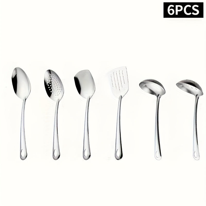 Stainless Steel Cooking Utensils, 6-Piece Korean Style Kitchen Tool Set with Slotted Turner, Serving Spoons and Ladles in Gold Silver or Vibrant Colors