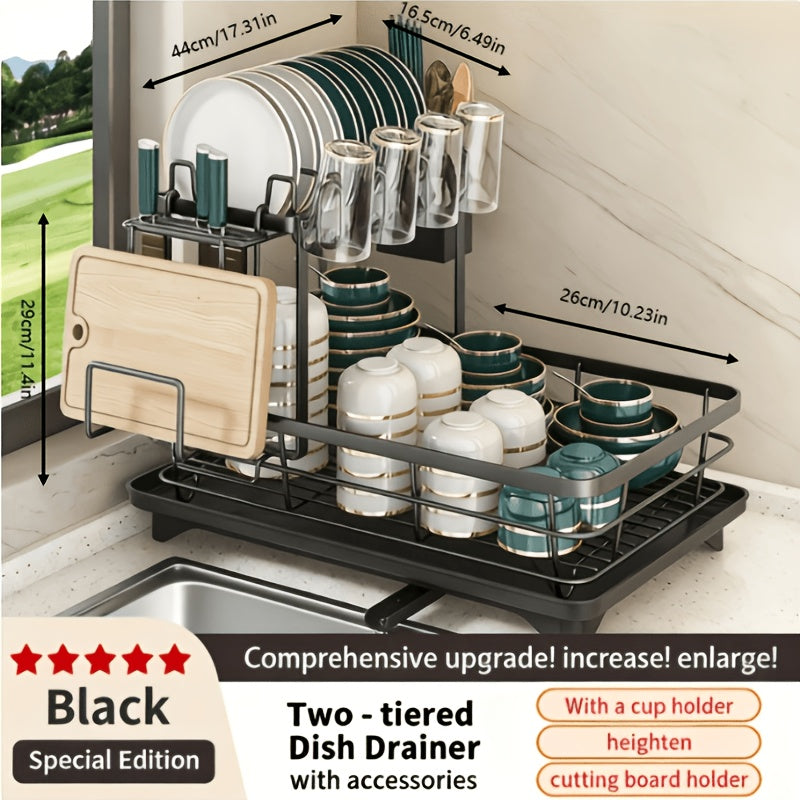 Double Tier Metal And Carbon Steel Cutlery Rack, Large And Durable, with Knife Fork And Cup Holders And Draining Board, Rustproof Two Tier, Space Saving for Kitchen Countertop, Make The Kitchen More Concise And Organized