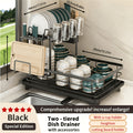 Carbon Steel Dish Drying Rack with Two Tiers, Drainboard, Knife and Fork Holder & Cup Storage for Space-Saving Kitchen Countertop Organization