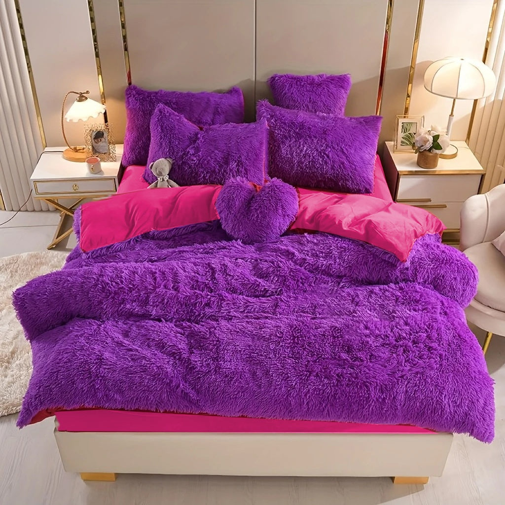3/4pcs Plush Faux Fur Comforter Cover Set for Kids & Teens - Includes Pillowcases + Plush Heart Pillow - Twin/ Queen/ King Sizes - Super Soft, Warm, Machine Washable (Duvet Cover Only, No Comforter)