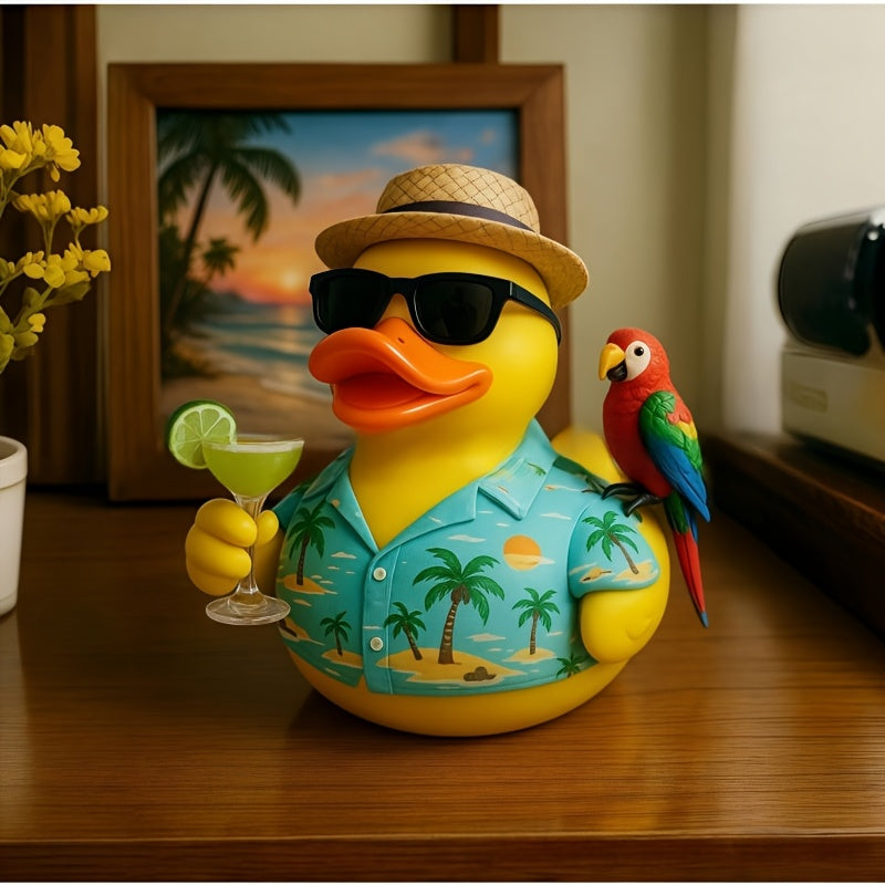 Cute Beach Duck Figurine - Tropical Hawaiian Shirt & Fashion Glasses Design, Resin /Outdoor Decor with Expressive Eyes, Palm Tree Accent - No Needed, Ideal Christmas Gift for, Pool, Beach Decorations (Yellow Duck with Lime Garnish Look)