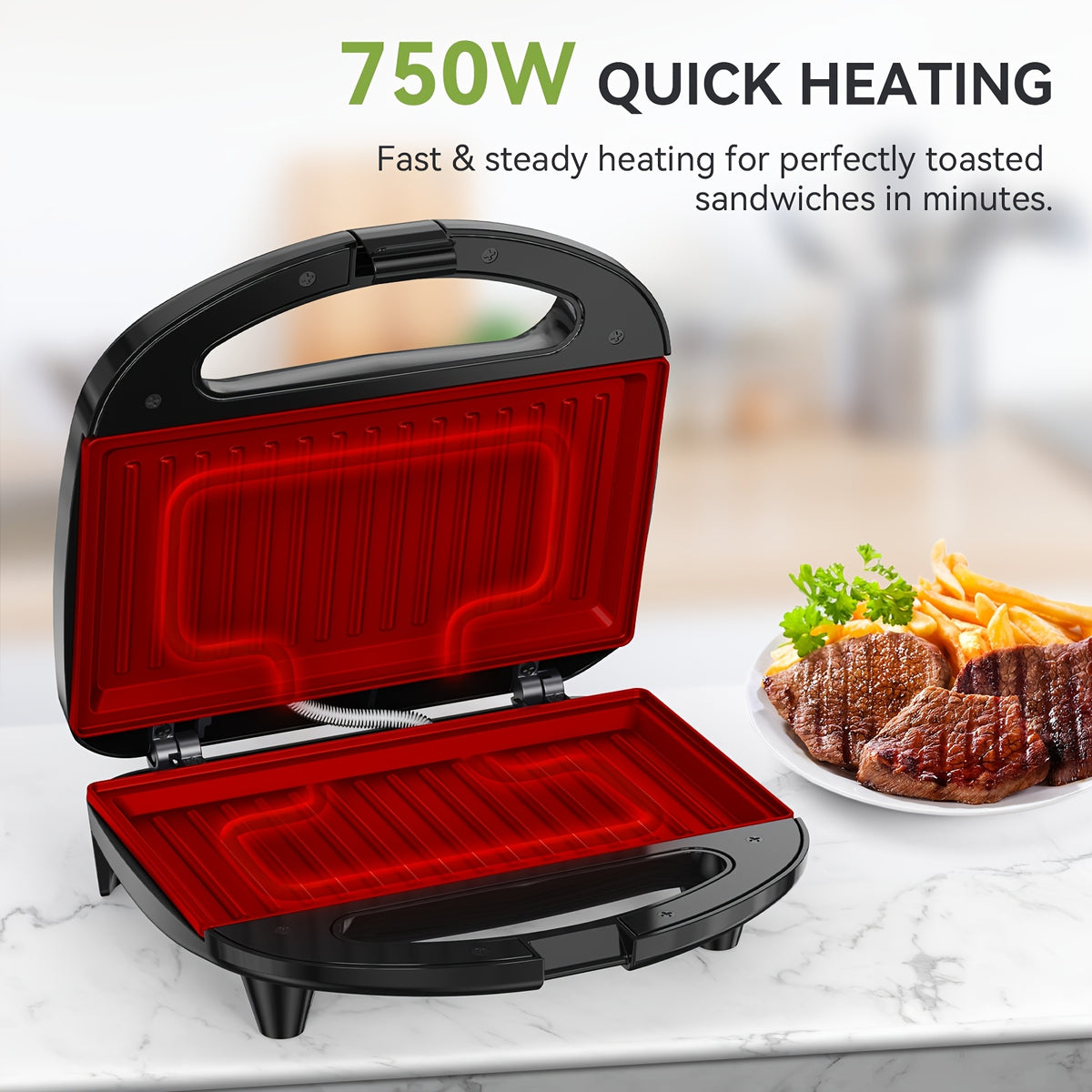 2-Sandwich Maker, Non-Stick Belgian Waffle Iron With Indicator Lights, 750W Rapid Heating, Cool Touch Handle, Easy-to-Clean Plates, Compact Design For Breakfast, Snacks, and Desserts