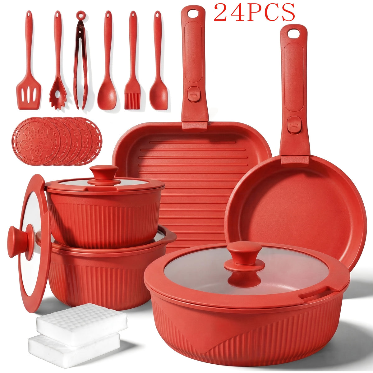24pcs/7pcs/5pcs Cookware Set Non-Stick Pots & Pans Induction-Ready Kitchen Cookware Set Includes Skillet/Frying Pan/Soup Pot/Steak Pan Removable Handles Home & RV Kitchen Set Stackable Kitchen Accessories Easy To Clean Multiple Colors