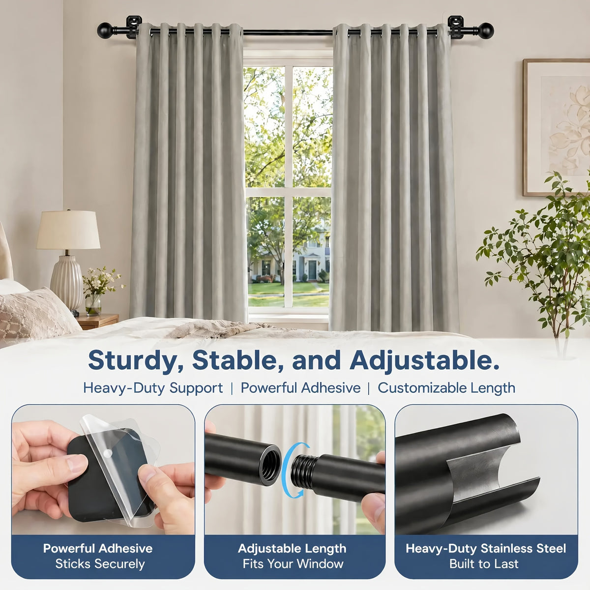 Adhesive Curtain Rods No Drilling, 5/8-Inch Window Drapery Poles with Stick-On Brackets in Black or White and 30–45, 48–84 or 66–120 Inch Options