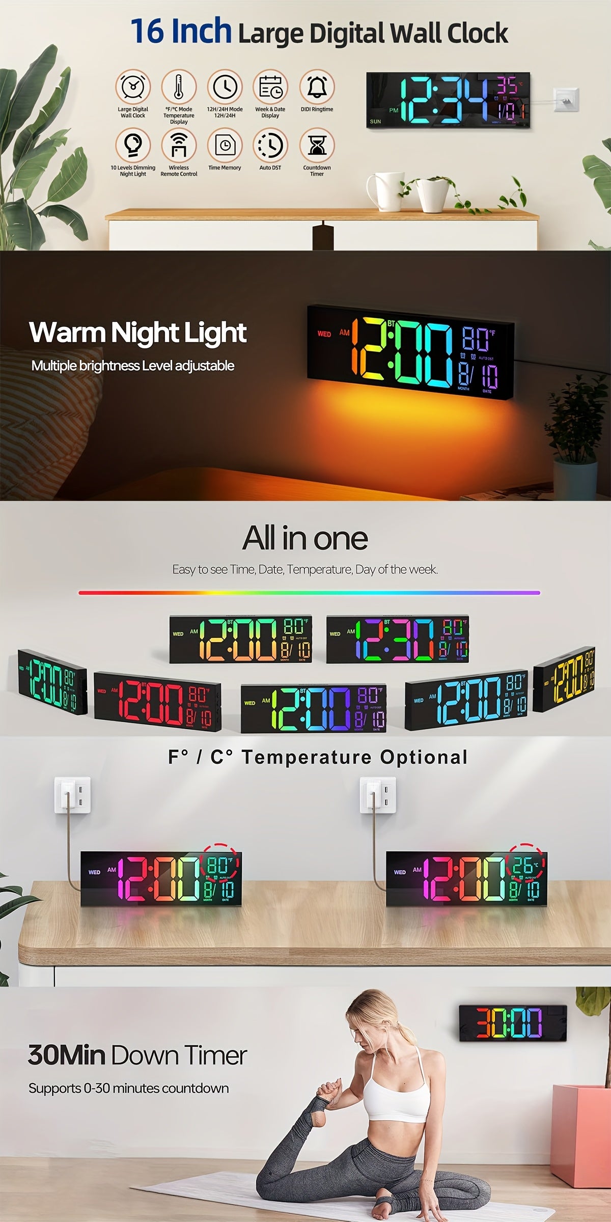 16.5'' Large Digital Wall Clock with Remote Control, Big LED/2 Alarms/8 RGB/Auto Brightness/Date/Auto DST/Temperature/Ambient Light/Dimming/Timer, Gym Clocks for Living Room, Bedroom, Office, Kitchen Home Decor, Easter Decorations, Mother's Day Gifts