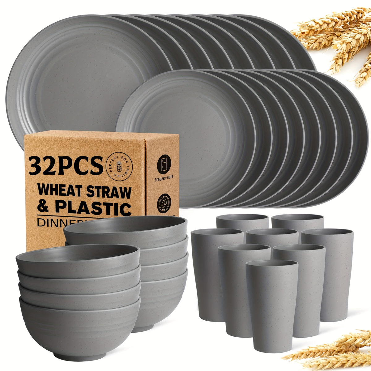 32/16pcs Wheat Straw Large Size Tablesware Set, Unbreakable Modern Dish Set-Plate/Dessert Plate/Bowl/Cup, Lightweight Wheat Straw Dinnerware Set, Dishwasher And Microwave Safe, Lightweight Tableware, Gift for Chrismas