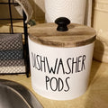 Wooden Dishwasher Pod Container with Lid, Round Black or White Farmhouse Canister for Kitchen Counter Storage and Laundry Supply Organization