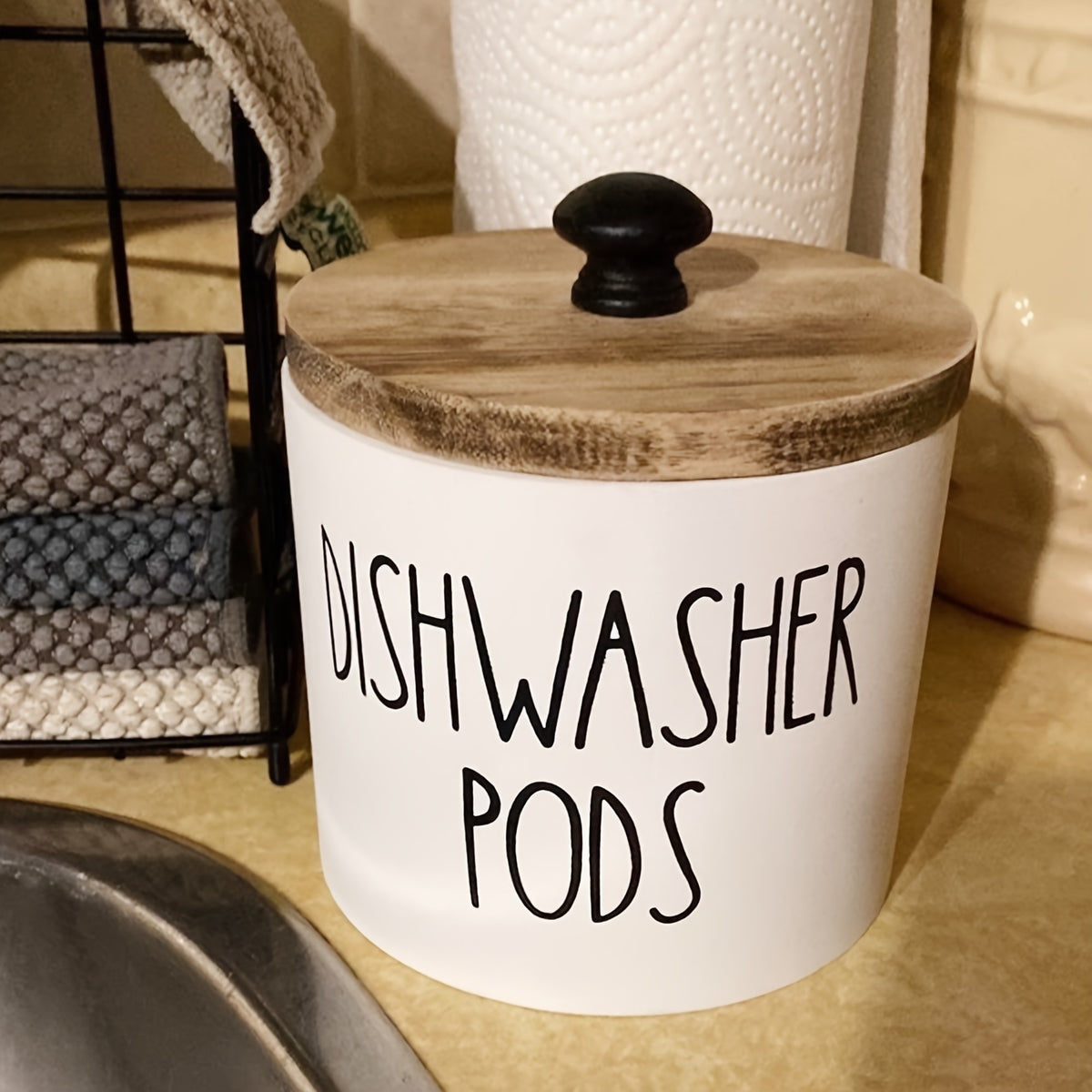 1pc Bohemian Black and White Wooden Dishwasher Laundry Ball Rack - Space Saving Round Storage Container for Kitchen and Bathroom, Multi-Purpose Laundry Ball, Detergent and Laundry Supply Organizer, Ideal Farmhouse Decor Gift, Storage Boxes