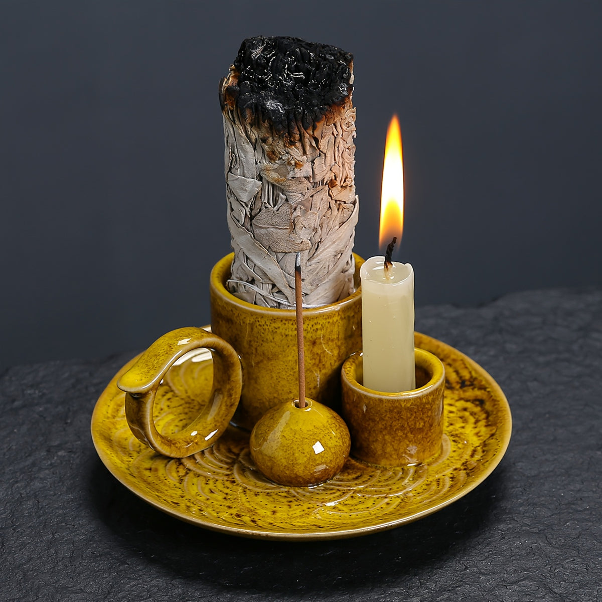 1pc Premium Ceramic Incense Burner, 4-in-1 with Handle, Suitable for Incense Sticks, Sage, Candle Holder, Perfect Ash Collection, Exquisite Home Decor Tray, Ideal for Yoga, Meditation, Housewarming, Gifts for Friends and Family