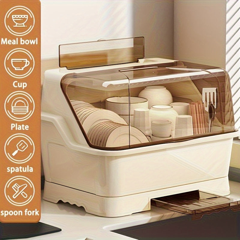 2025 Upgraded Covered Dish Organizer - Space-Saving Countertop & Cabinet Rack | Breezy Cream Cutlery Holder W/ Drain Plate | Dust-Proof Design & Effortless Setup The Best Gifts for Thanksgiving And Christmas