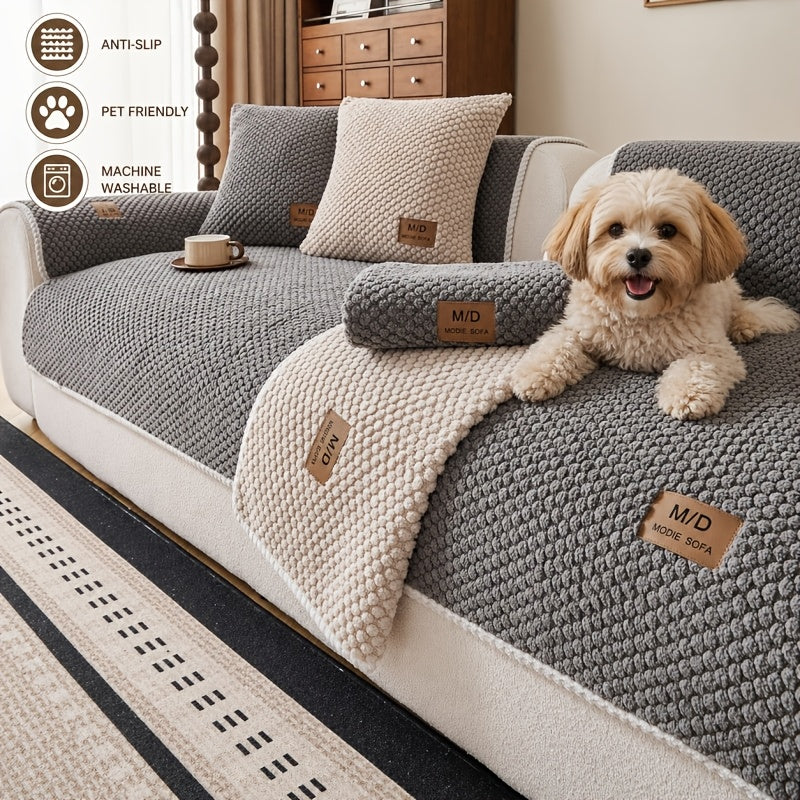 Plush Sofa Cover for Couch, Bohemian Non-Slip Furniture Protector Slipcover with Soft Cushion Pad, Machine Washable Pet-Friendly Couch Cover for Dogs and Cats, Fits Loveseat, 3 Seat and Sectional Sofas