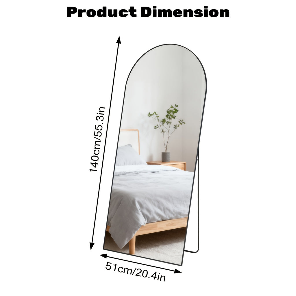 Full Length Dressing Mirror with Stand and Hanging Hardware, Arched or Rectangular Steel Alloy Frame in Black or Gold for Bedroom and Entryway