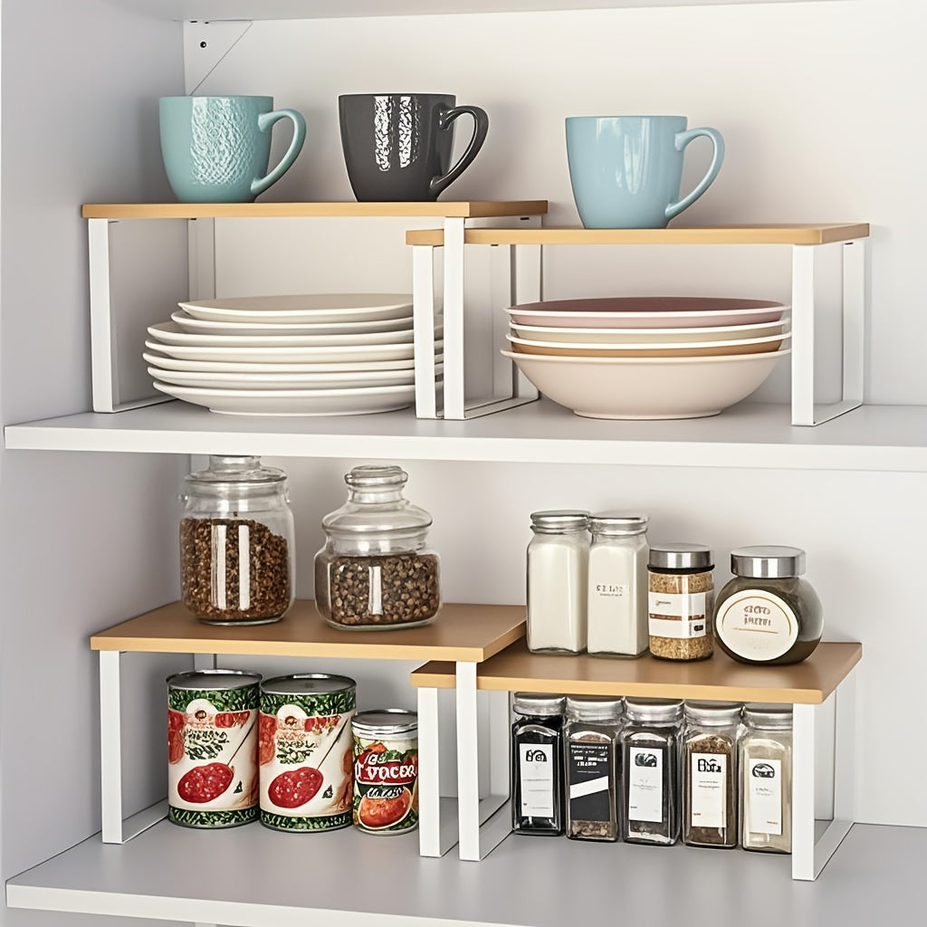 Set of Two Adjustable And Stackable Shelf Organizers - Versatile Wooden Storage Rack for Kitchen Counters, Spices, Bathrooms, And Pantries - a Space-Saving Gift for Home Organization Enthusiasts And Cooking Aficionados