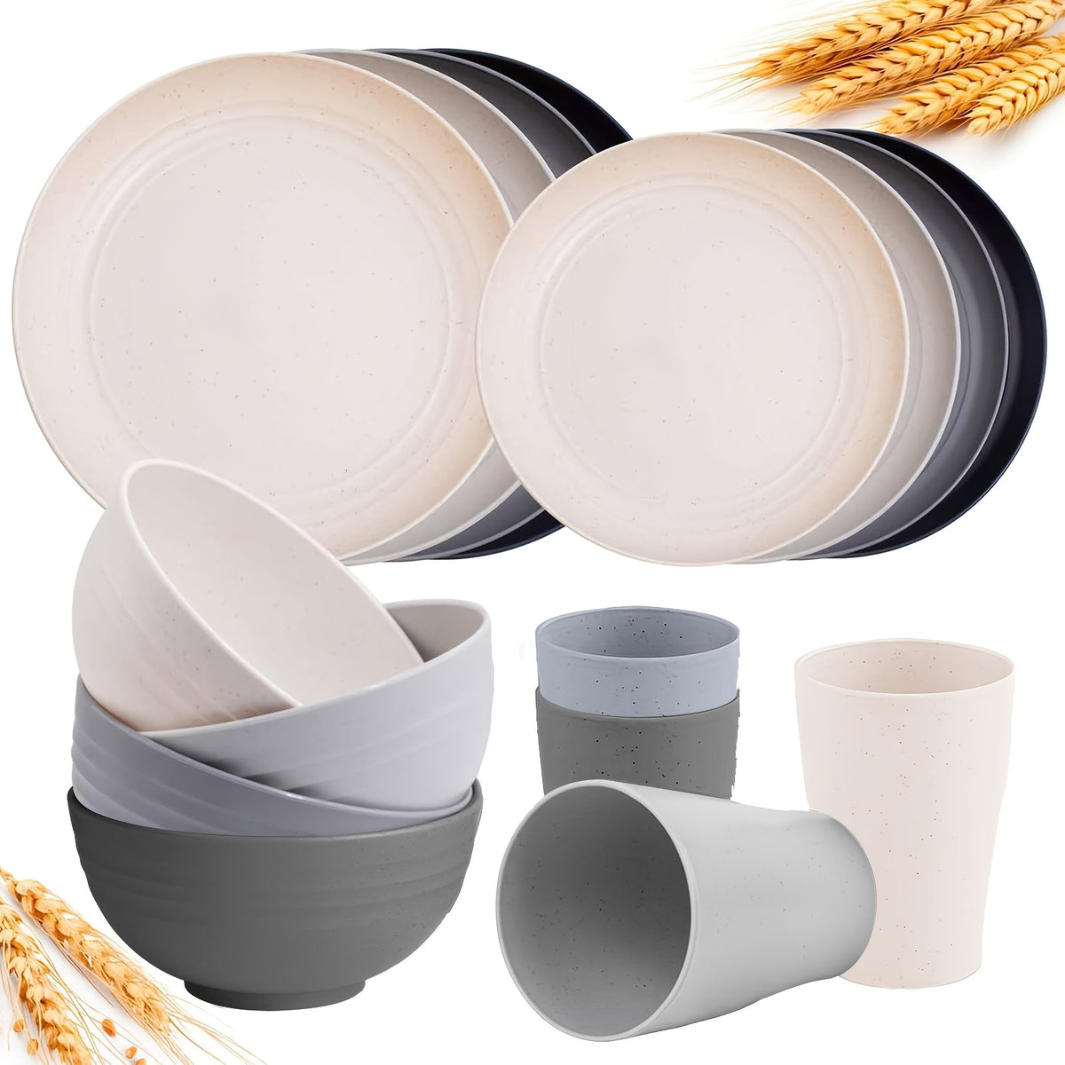 16pcs/32pcs Kitchen Wheat Straw Large Size Dinnerware Set, for 4/8, Unbreakable Modern Dish Set Dinner Plate/Dessert Plate/Cereal Bowl/Cup, Dishwasher Safe, Lightweight Tableware, Camping And Everyday Use, Gifts for Men/Women/Christmas/Halloween