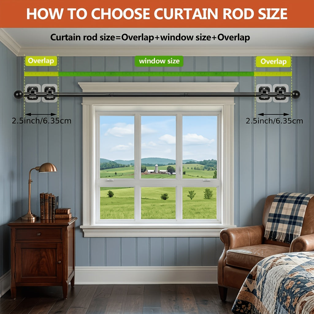 Curtain Rods No Drilling for Windows Set 32 to 48 Inch, 5/8 Inch Diameter Drapey Pole with No Drill Curtain Rod Brackets, Renter Friendly Cortineros Para Ventanas with Adhesive Holder Hook (Black)