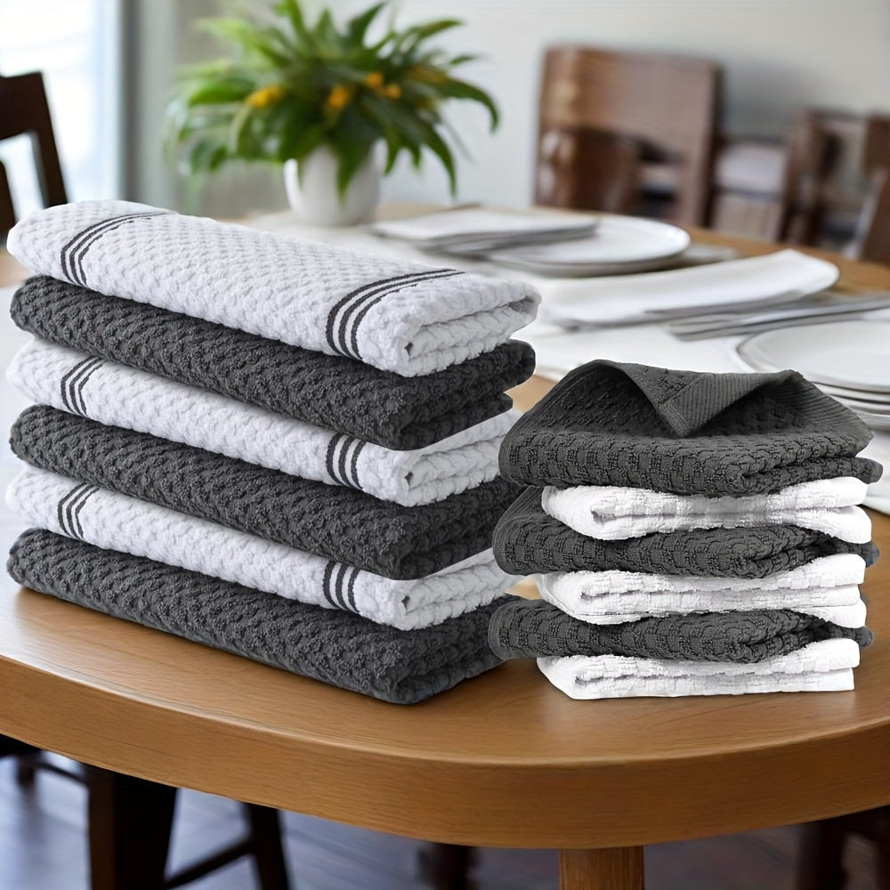 12pcs 100% Cotton Kitchen Towel Set | 6 Hand Towels (15" X 25"), 6 Wash Towels (12" X 12") - Striped Weave, Absorbent & Durable Dish Towels For Cooking, Cleaning & Drying - Perfect For Christmas & Holiday Kitchens