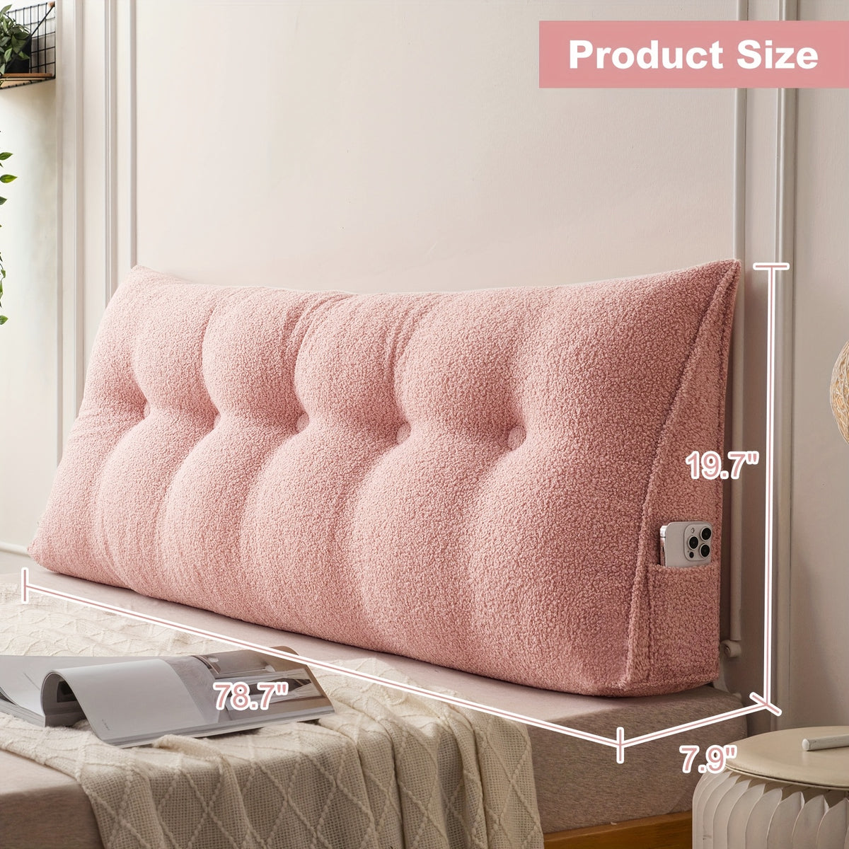 Headboard Reading Pillow, Triangular Teddy Velvet Backrest Cushion with Side Pocket and Removable Washable Cover for Twin, Queen and King Beds