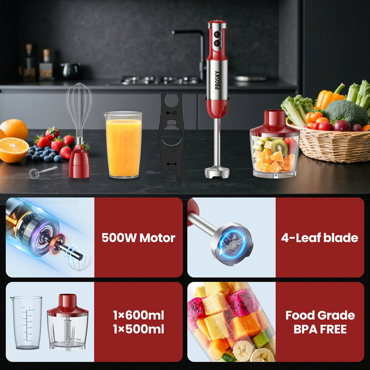 5-in-1 Handheld Mixer, With Attachments - Whisk, Measuring Cups, Heavy Duty Motor, Meat Chopper, Kitchen Must Haves, Immersion Blender