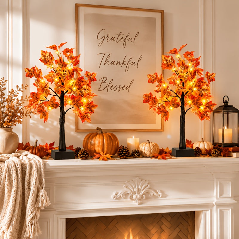 2pcs Thanksgiving & Autumn Table Lamps, 21.26 Inch Tree Lights Decorated with Fall Maple Leaves, Artificial Decor Trees with 24 Battery-Powered LEDs, Ideal for Indoor Spaces, Home Rooms, Balconies, Holiday Events And Halloween Parties
