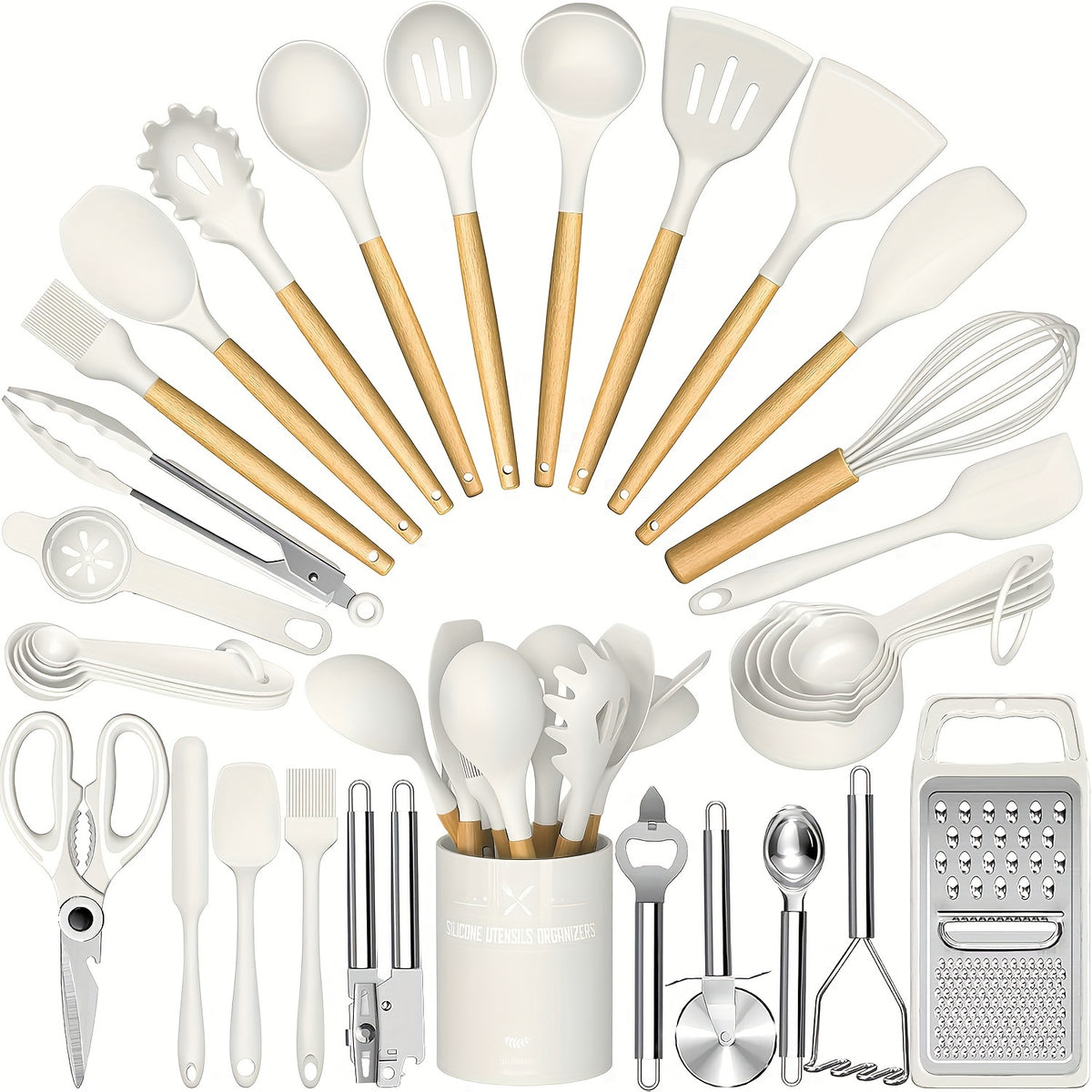 Silicone Kitchen Utensils with Wooden Handles, 34-Piece Cooking Tool Set and Holder for Nonstick Cookware in Black, White, Gray or Khaki for Home Meal Prep