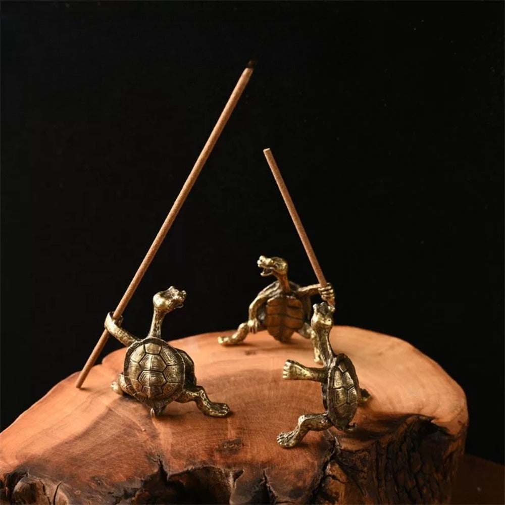 2pcs Brass Turtle Incense Holder - Kung Fu Style, Creative Home Decor Craft, Meditation Holder Brass Turtle And Red Copper Turtle