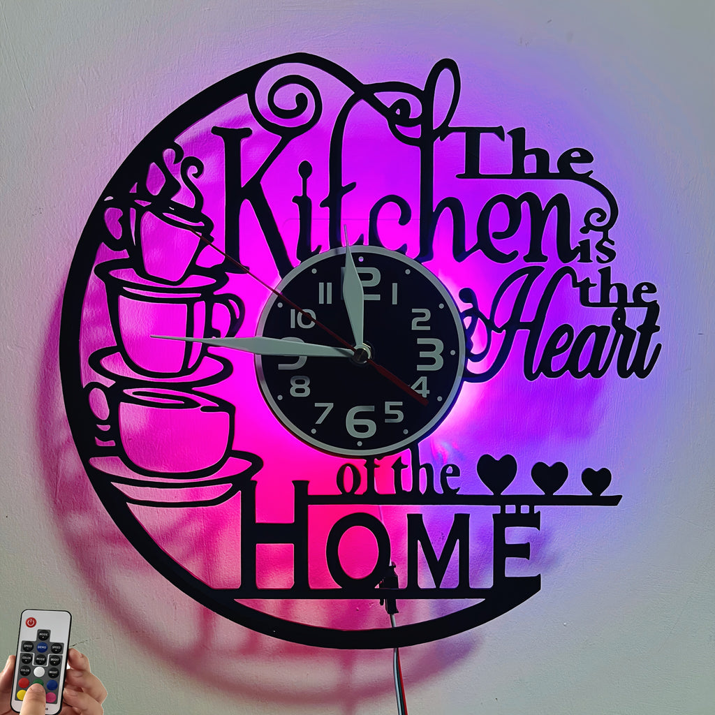Vinyl Record Wall Clock with Heart of Home Crown Design, Silent Vintage Kitchen and Living Room Decor with Optional 7-Color LED Mood Lighting