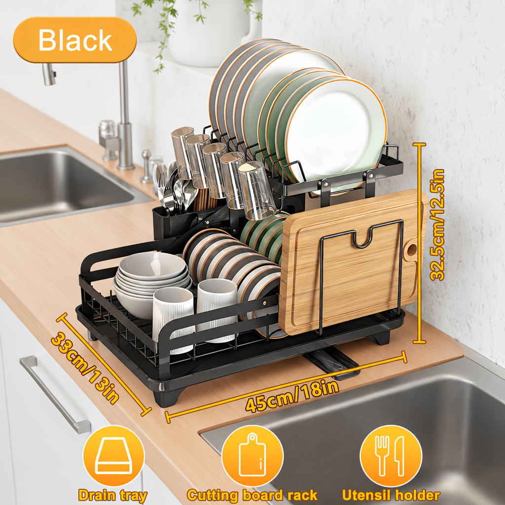 [Large Dish Drying Rack] 1pc Large 2-Tier Carbon Steel Dish Drying Rack with Drainboard, Glass & Utensil Holders, And Extra Drying Mat - Rust-Resistant Metal Dish Drainer for Kitchen Countertop, Black