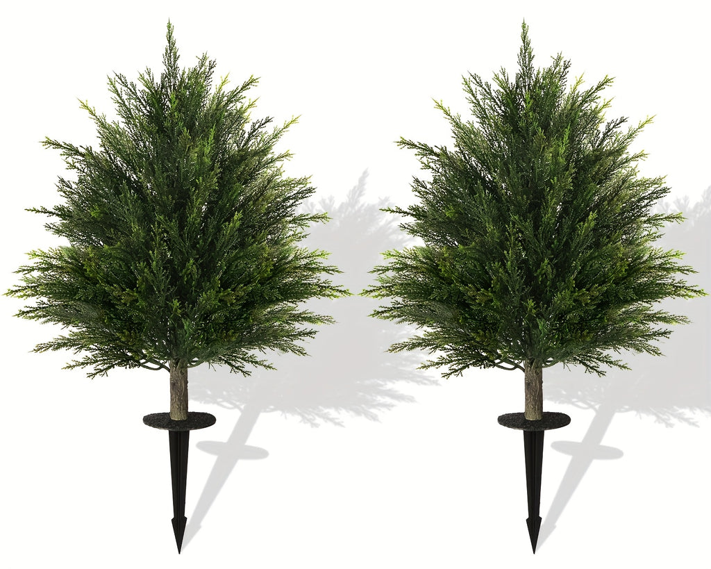 2 Sets Artificial Cedar Topiary Ball Trees with Ground Spike, UV Resistant Fake Cypress Evergreen Shrub Bushes, Faux Ball Plant for Indoor Outdoor Front Porch Yard Garden Home Decor