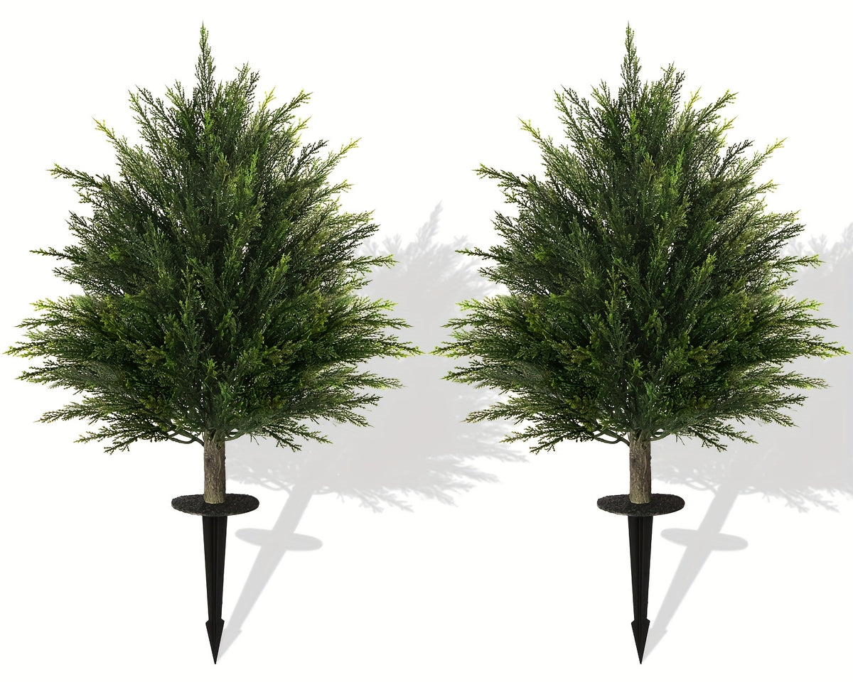 2 Sets Artificial Cedar Topiary Ball Trees with Ground Spike, UV Resistant Fake Cypress Evergreen Shrub Bushes, Faux Ball Plant for Indoor Outdoor Front Porch Yard Garden Home Decor
