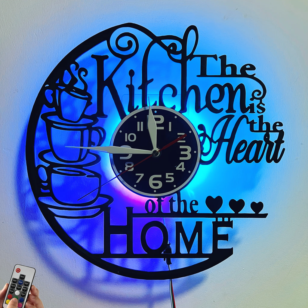 Vinyl Record Wall Clock with Heart of Home Crown Design, Silent Vintage Kitchen and Living Room Decor with Optional 7-Color LED Mood Lighting