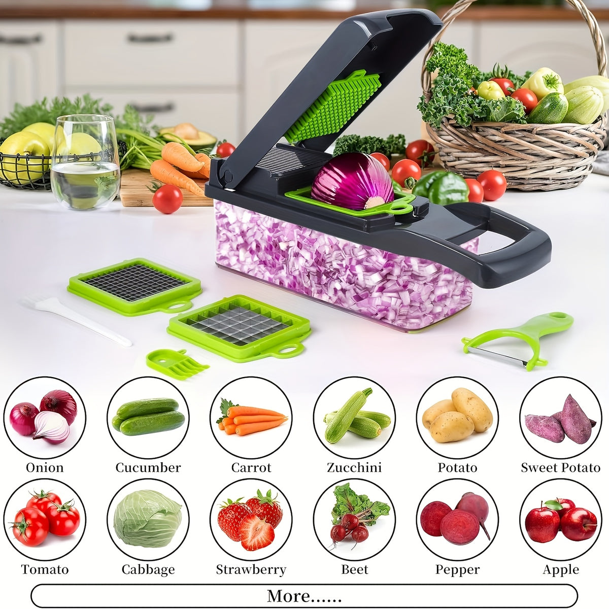 16-in-1 Vegetable Chopper, Professional Onion Chopper, Multifunctional Food Chopper, Kitchen Vegetable Slicer and Dicer, Vegetable Chopper with 8 Blades, Carrot Chopper with Container