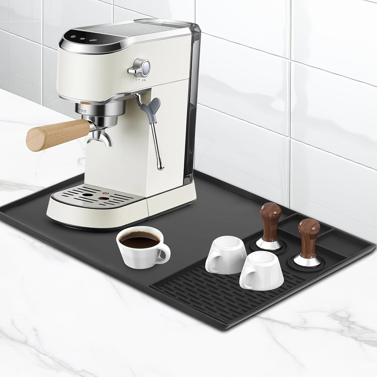 2-in-1 Silicone Coffee Mat with Raised Edges, Countertop Coffee Bar Mat, Suitable as a Coffee Bar Accessory for Under Coffee Machines and Espresso Machines, Dish Drying Mat, Black, 23.6'' X 15.7''