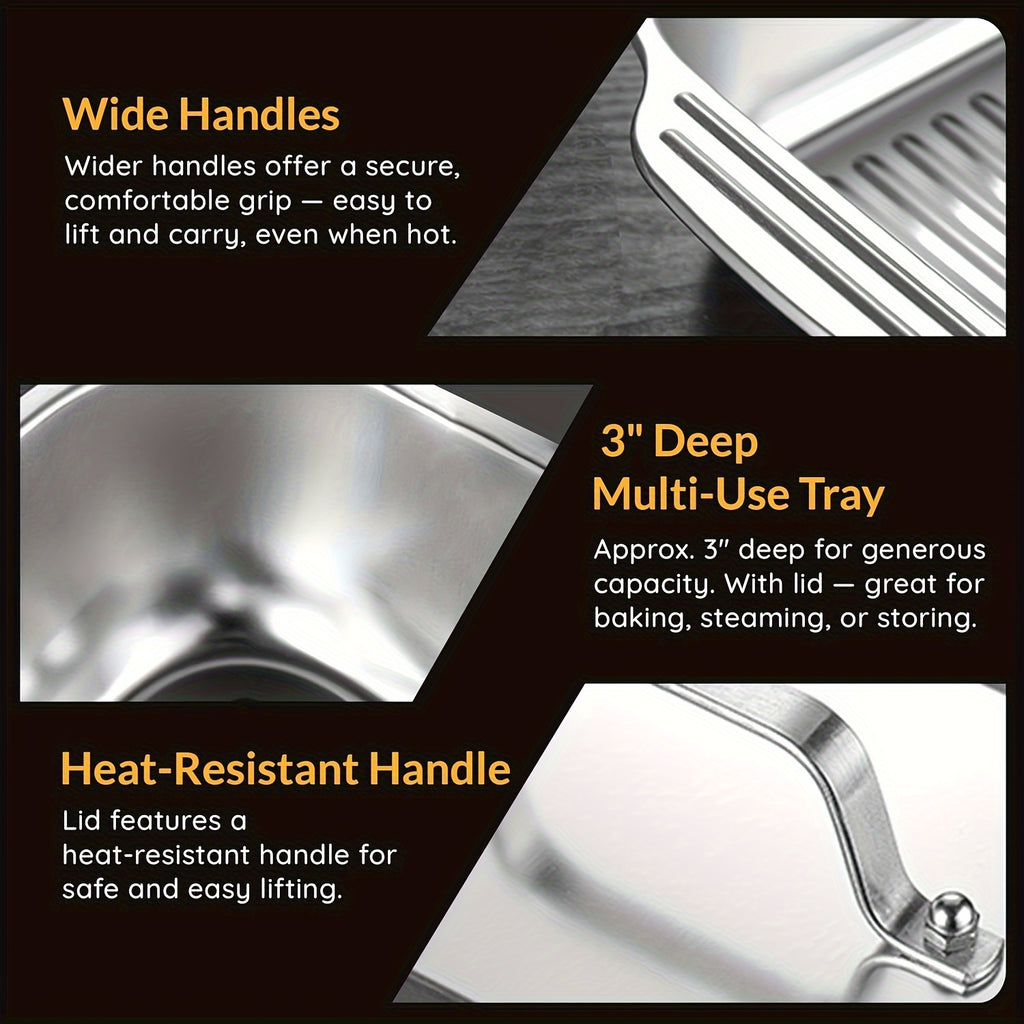 4pcs(2 Deep Trays and 2 Lids with Handles) Stainless Steel Baking Tray with Steel Lid 16.1 Inches with Fresh-keeping Lid, Non-stick and Easy to Clean, Suitable for Outdoor Pumpkin Cooking, Barbecue and Other Multi-purposes- Perfect Choice for C