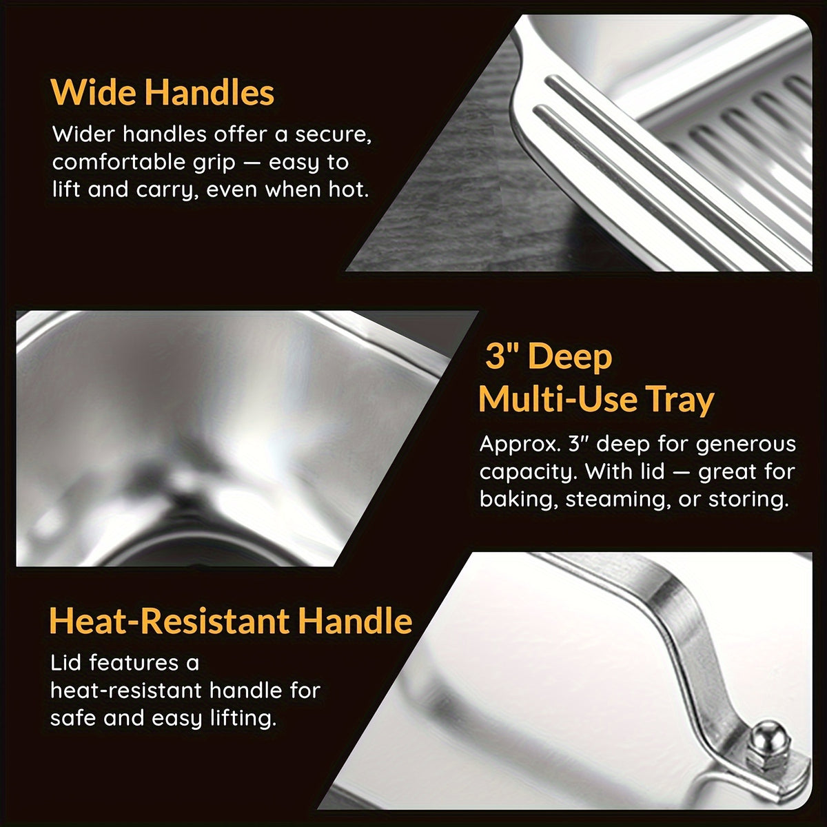 4pcs(2 Deep Trays and 2 Lids with Handles) Stainless Steel Baking Tray with Steel Lid 16.1 Inches with Fresh-keeping Lid, Non-stick and Easy to Clean, Suitable for Outdoor Pumpkin Cooking, Barbecue and Other Multi-purposes- Perfect Choice for C