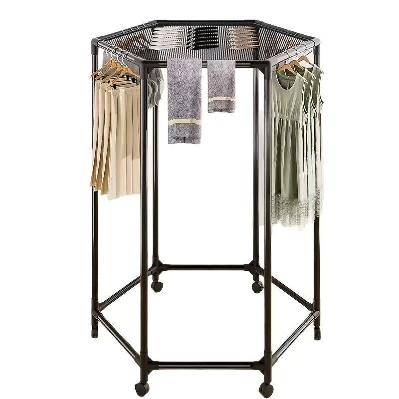 Hexagonal Rotary Clothes Rack, Self-Standing Vertical Clothing Hanging Rack, Suitable for Laundry And Household Storage Space Saving (Black/White), Easy Storage Device, Durable Structure, High-Quality Materials, Small Apartment Living, Convenient