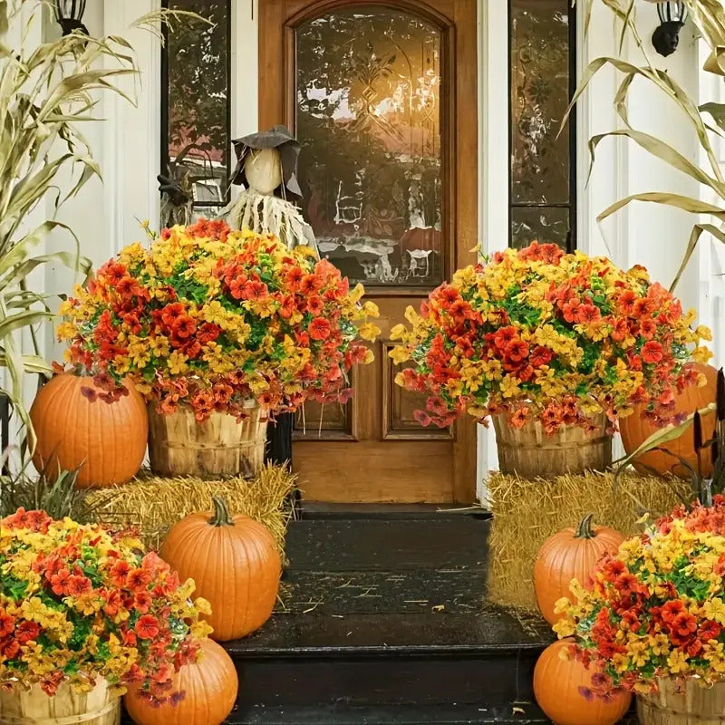 Artificial Chrysanthemum Bouquets, 8-Piece Mixed Autumn Flower Set with Orange-Inspired Fall Styling for Home, Porch, Garden and Wedding Decor